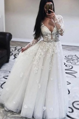 Robes de mariée décolleté en V | Robes de mariée en dentelle avec manches_1