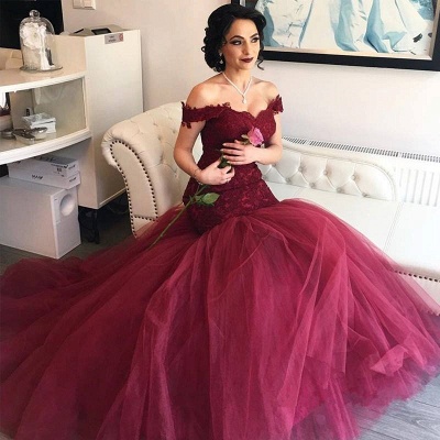 Forme trompette tulle robe de cérémonie épaules nu en dentelle délicat chic et élégante_2