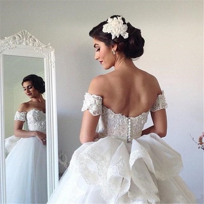 Forme Marquise Traîne moyenne Epaules nues Tulle Robes de mariée avec Ruches_5