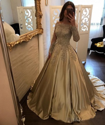 Forme Princesse Robe de Soirée Dentelle Col Bateau Manches Longues Robe Pas Cher_2