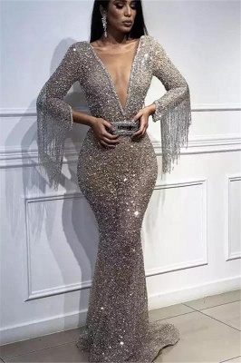 Robe de soirée sirène pailletée col en V | Robe de cérémonie trompette sexy avec cristal_1