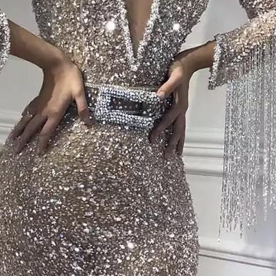 Robe de soirée sirène pailletée col en V | Robe de cérémonie trompette sexy avec cristal_5