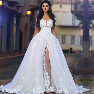 Forme Princesse Traîne moyenne Col U profond Tulle Robes de mariée 2021 avec Appliques_3