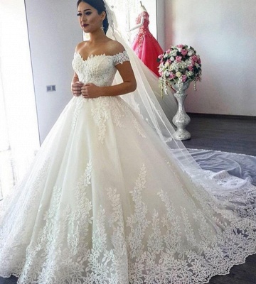 Forme Princesse Traîne mi-longue Col en cœur Dentelle Robes de mariée avec Appliques_3