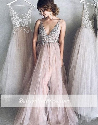 Forme Princesse alayage train Col en V Tulle Robes de soirée avec Appliques_1