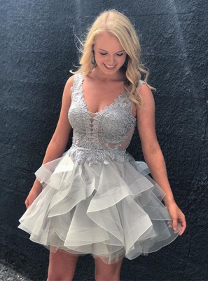 Robe de soirée princesse courte tulle avec dentelle | Robe de cocktail mini princesse chic col en V_1