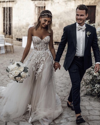 Robe de mariée A-ligne tulle épaules nues avec fleurs | Robe de mariage longue chic_3