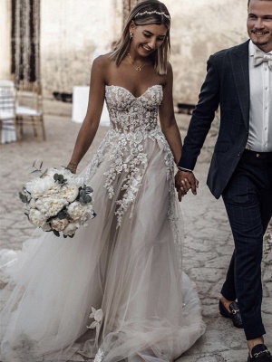 Robe de mariée A-ligne tulle épaules nues avec fleurs | Robe de mariage longue chic_2