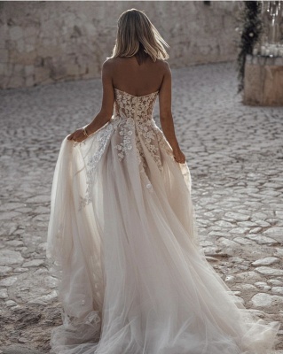 Robe de mariée A-ligne tulle épaules nues avec fleurs | Robe de mariage longue chic_4